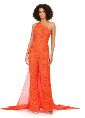 Ashley Lauren 11384 Fully Beaded With Removable Chiffon Cape One Shoulder Open Back Jumpsuit Prom Formal
