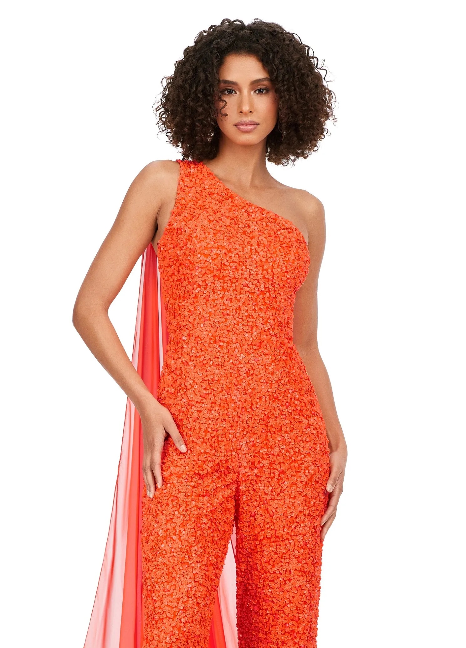 Ashley Lauren 11384 Fully Beaded With Removable Chiffon Cape One Shoulder Open Back Jumpsuit Prom Formal