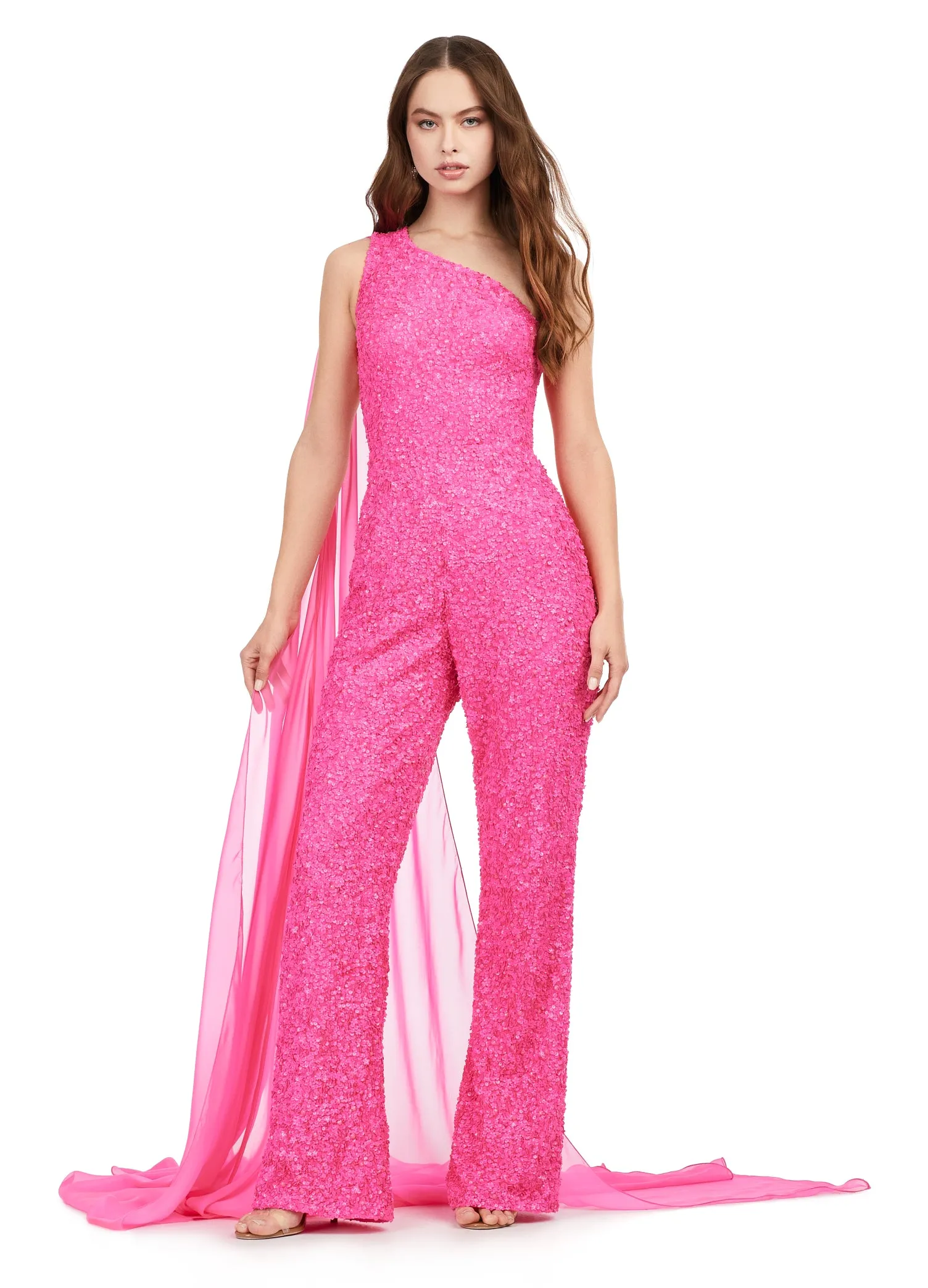 Ashley Lauren 11384 Fully Beaded With Removable Chiffon Cape One Shoulder Open Back Jumpsuit Prom Formal