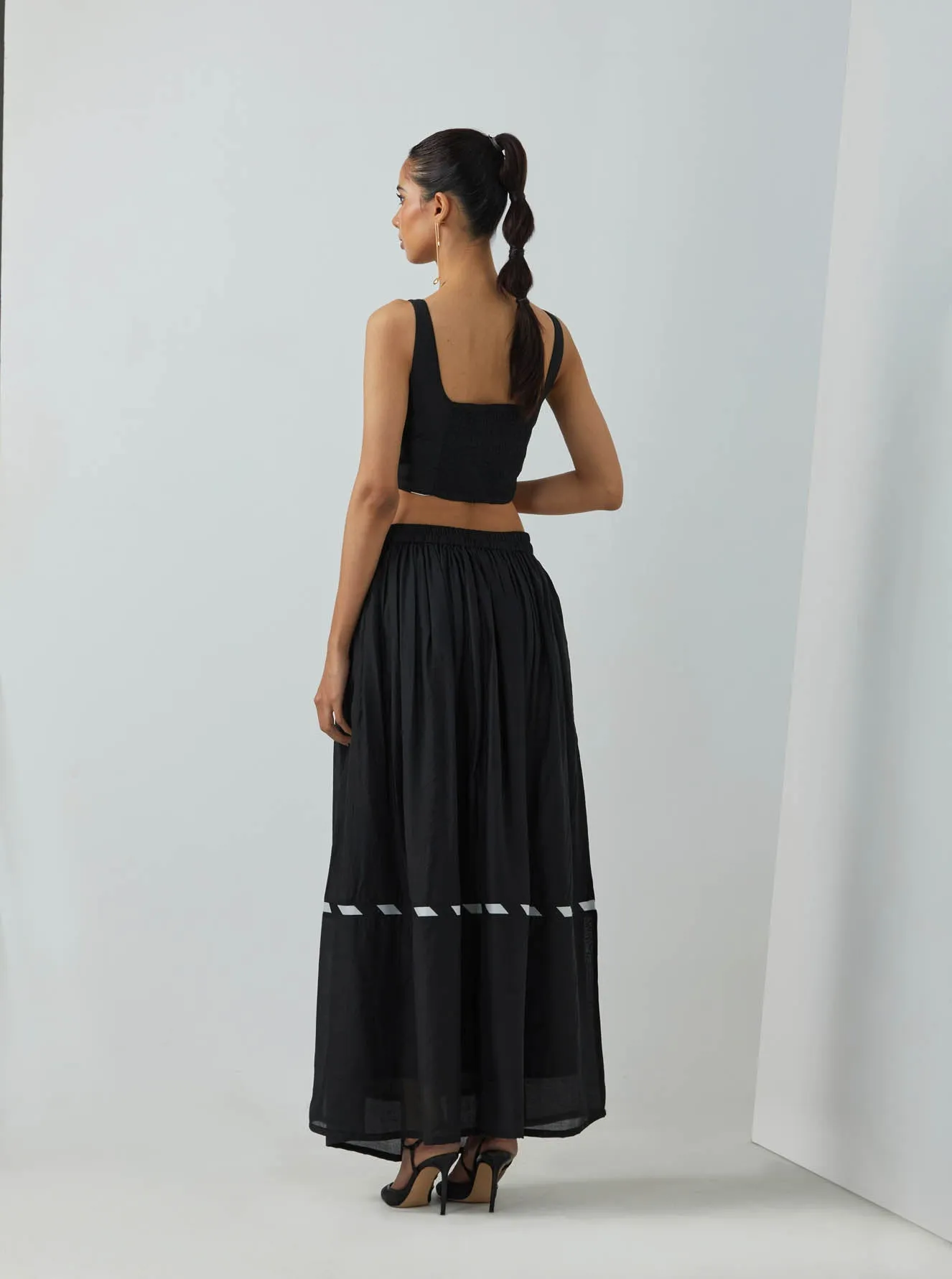 Black Chanderi Zade Bralette With Full Length Skirt And Overlay (Set Of 3)