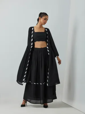 Black Chanderi Zade Bralette With Full Length Skirt And Overlay (Set Of 3)
