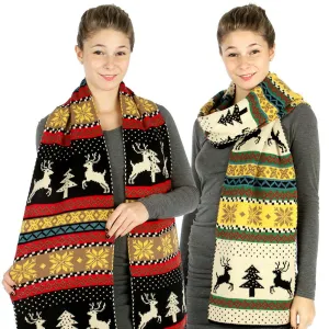 Black/Red Winter Themed Deer Tree Scarf - Long Lightweight Soft Warm Wrap Scarf
