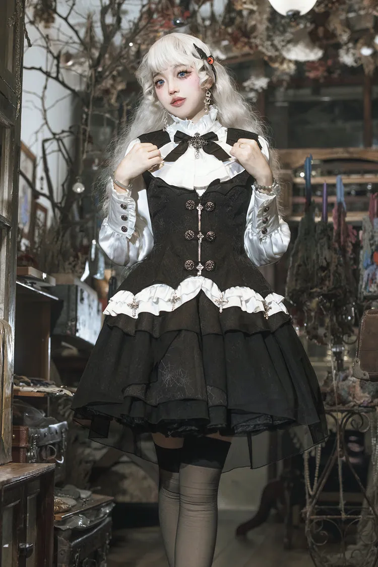Black/White [The Duke of Blood] Multi-Layered Ruffle Bowknot Gothic Lolita Vest Skirt Set