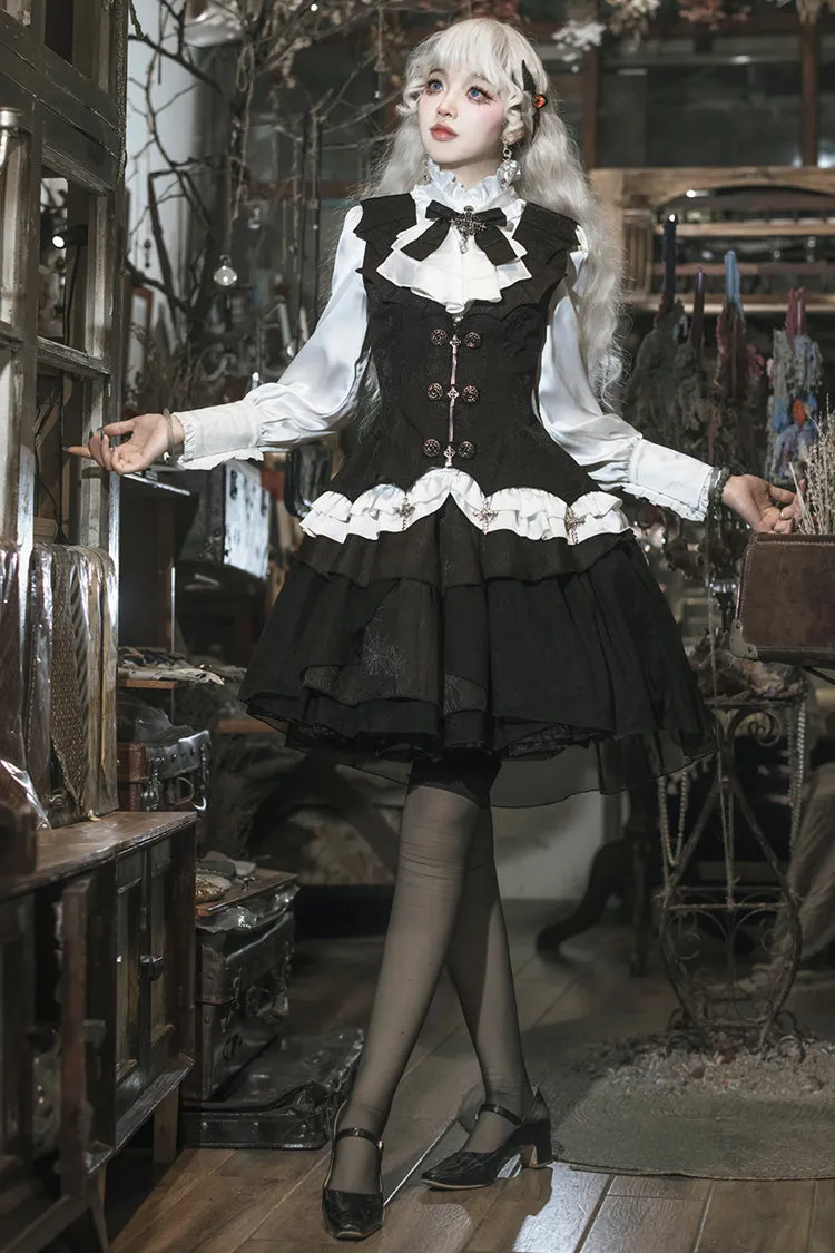 Black/White [The Duke of Blood] Multi-Layered Ruffle Bowknot Gothic Lolita Vest Skirt Set