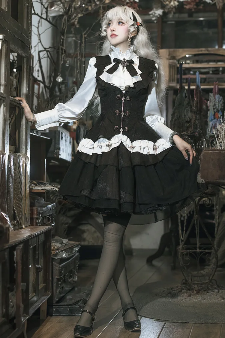 Black/White [The Duke of Blood] Multi-Layered Ruffle Bowknot Gothic Lolita Vest Skirt Set