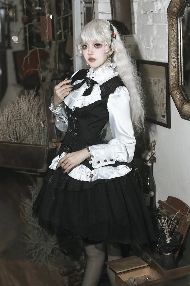 Black/White [The Duke of Blood] Multi-Layered Ruffle Bowknot Gothic Lolita Vest Skirt Set