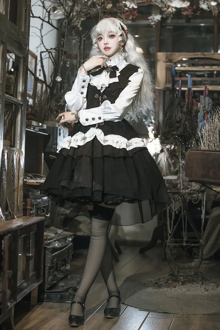 Black/White [The Duke of Blood] Multi-Layered Ruffle Bowknot Gothic Lolita Vest Skirt Set