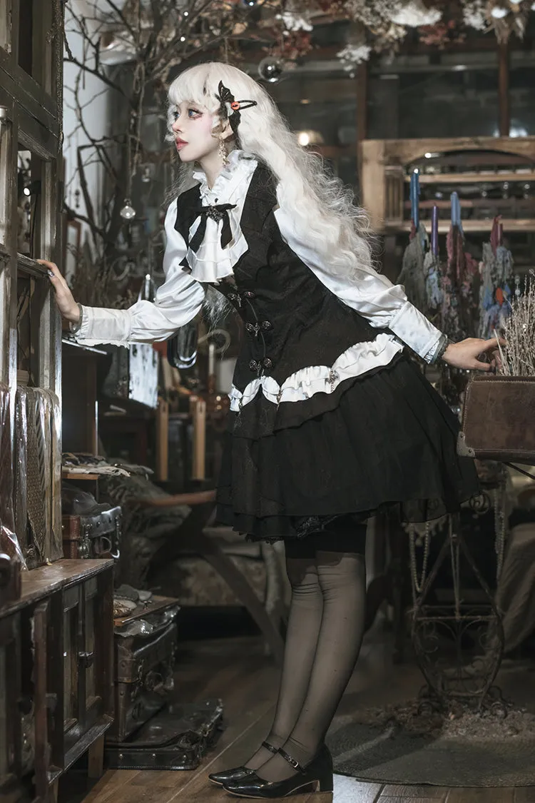 Black/White [The Duke of Blood] Multi-Layered Ruffle Bowknot Gothic Lolita Vest Skirt Set