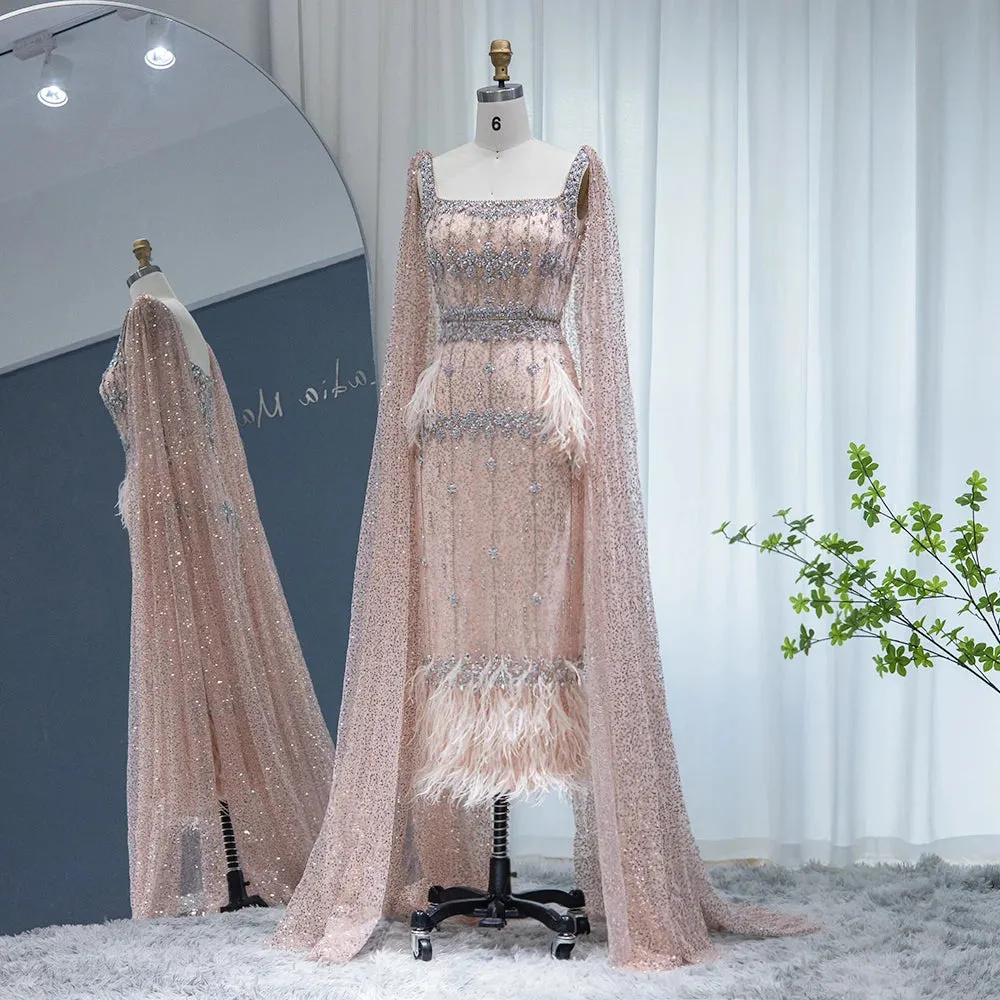 Bling Gray Mermaid Arabic Evening Dress with Cape Luxury Feather Dubai Formal Dresses for Women Wedding Party