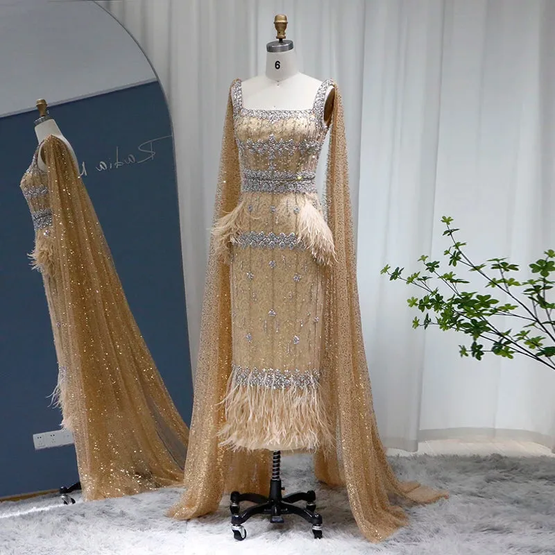 Bling Gray Mermaid Arabic Evening Dress with Cape Luxury Feather Dubai Formal Dresses for Women Wedding Party