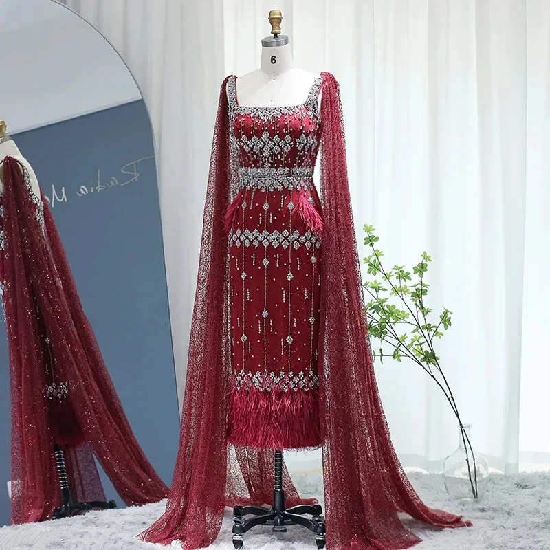 Bling Gray Mermaid Arabic Evening Dress with Cape Luxury Feather Dubai Formal Dresses for Women Wedding Party