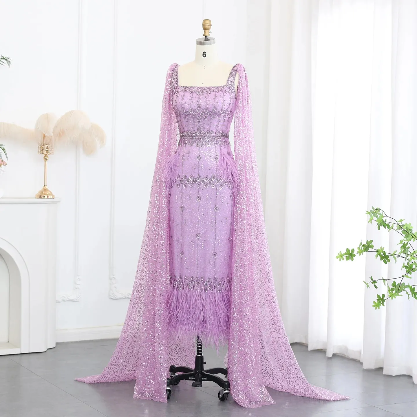 Bling Gray Mermaid Arabic Evening Dress with Cape Luxury Feather Dubai Formal Dresses for Women Wedding Party