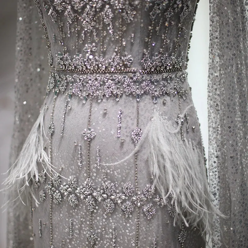 Bling Gray Mermaid Arabic Evening Dress with Cape Luxury Feather Dubai Formal Dresses for Women Wedding Party
