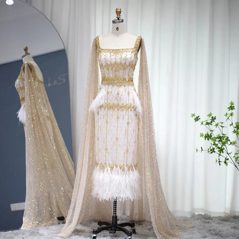 Bling Gray Mermaid Arabic Evening Dress with Cape Luxury Feather Dubai Formal Dresses for Women Wedding Party