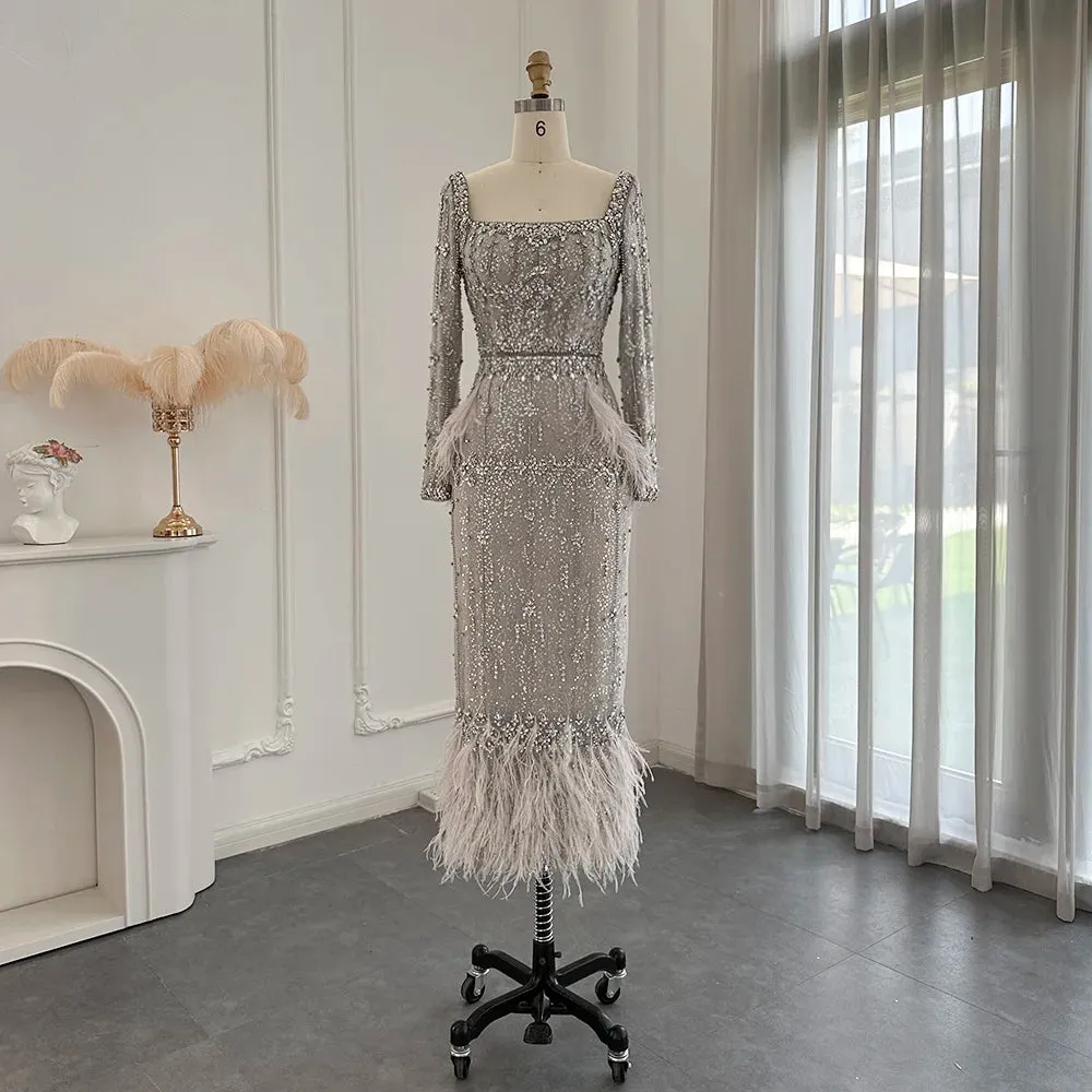 Bling Gray Mermaid Arabic Evening Dress with Cape Luxury Feather Dubai Formal Dresses for Women Wedding Party