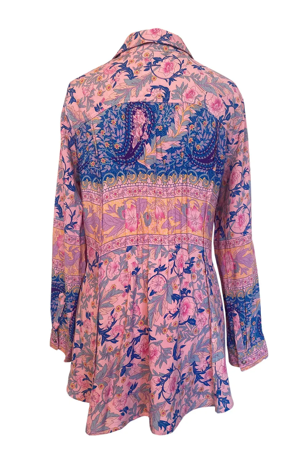 Blue Denim Print on Pink Shirt