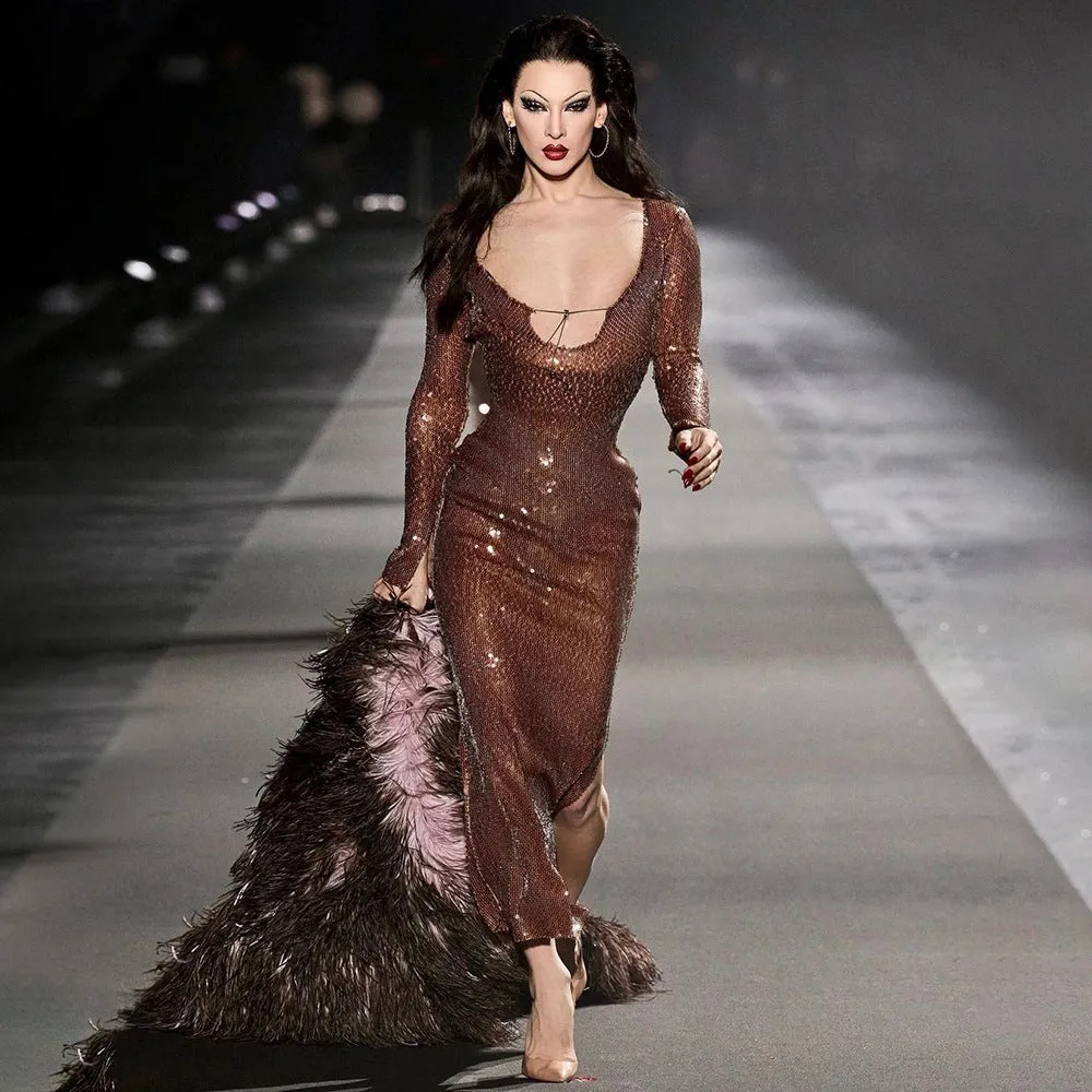Brown Long Sleeve Bell  Dress