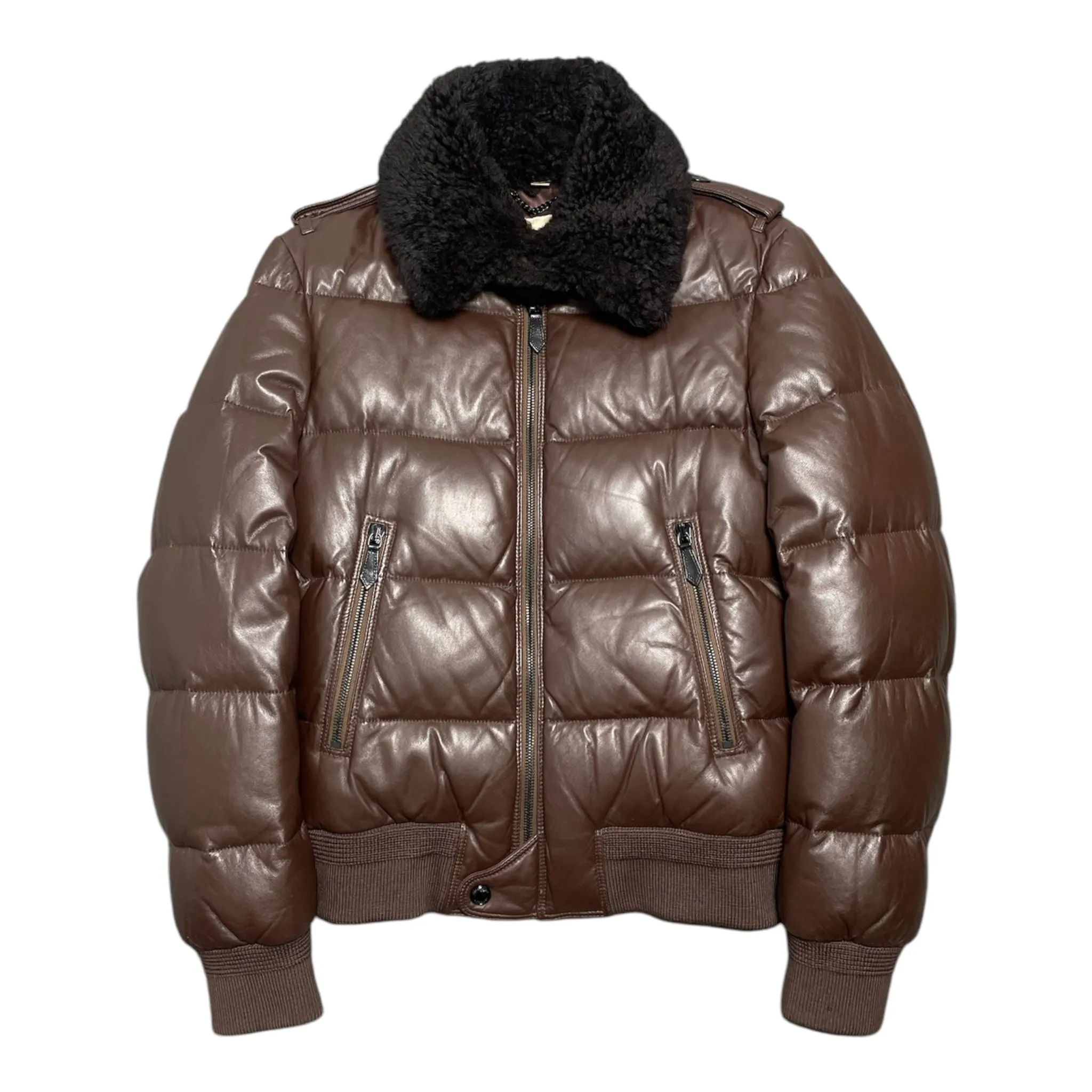 Burberry Leather Shearling Bomber Jacket Brown Pre-Owned