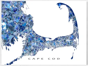 Cape Cod Map Print Poster, Blue Geometric Cap Cod Wall Art Prints, Massachusetts, New England USA