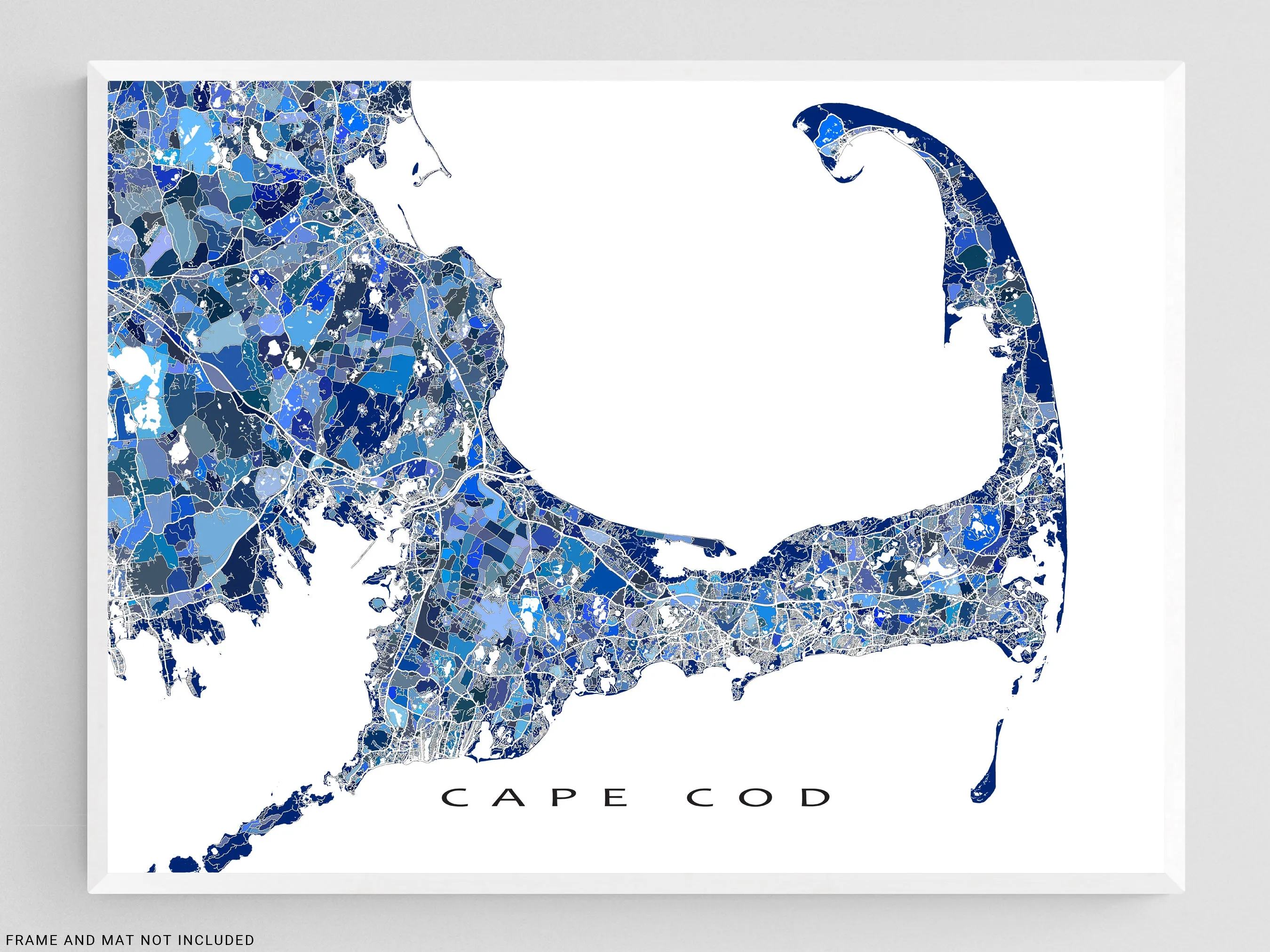 Cape Cod Map Print Poster, Blue Geometric Cap Cod Wall Art Prints, Massachusetts, New England USA