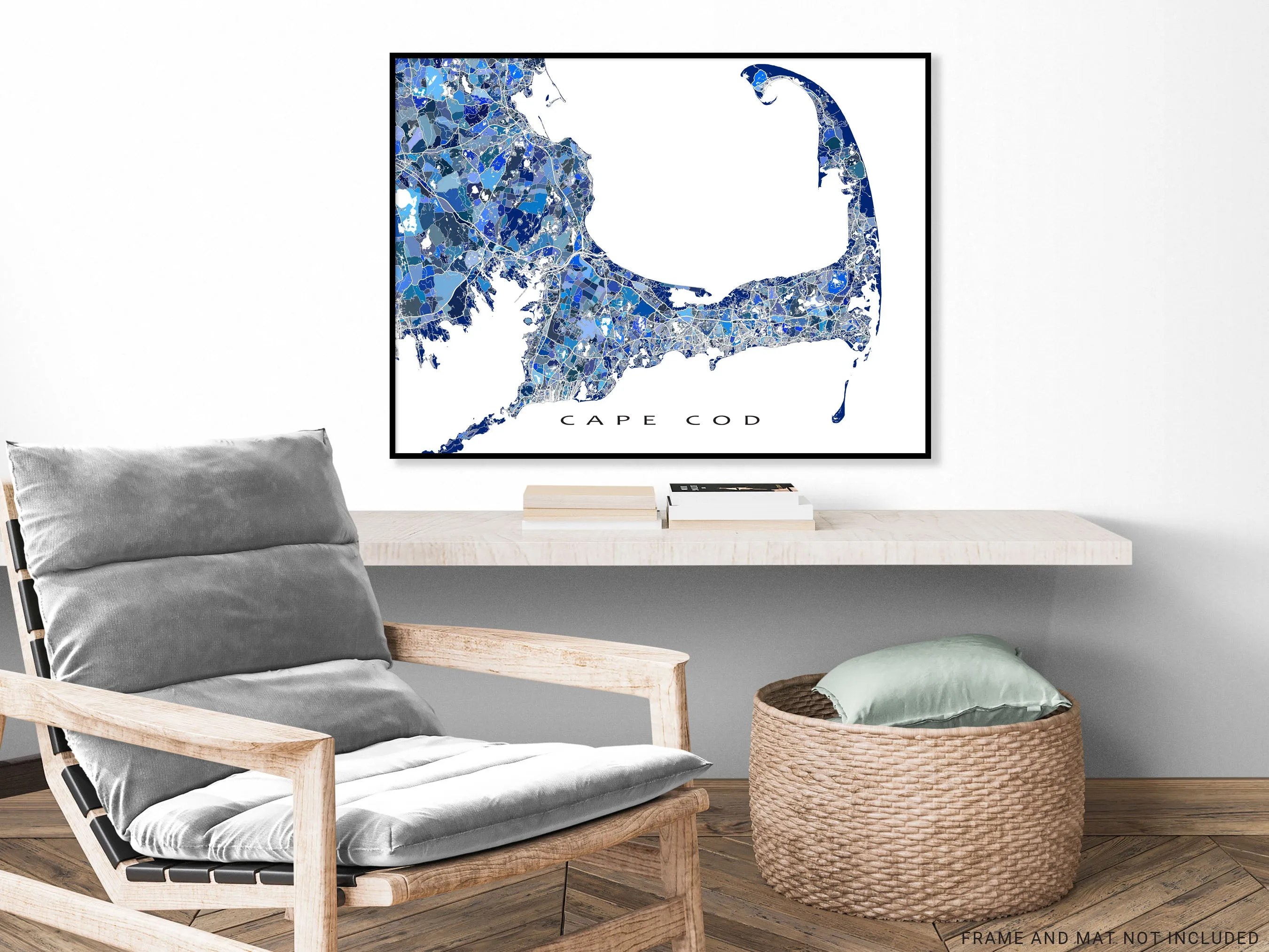 Cape Cod Map Print Poster, Blue Geometric Cap Cod Wall Art Prints, Massachusetts, New England USA
