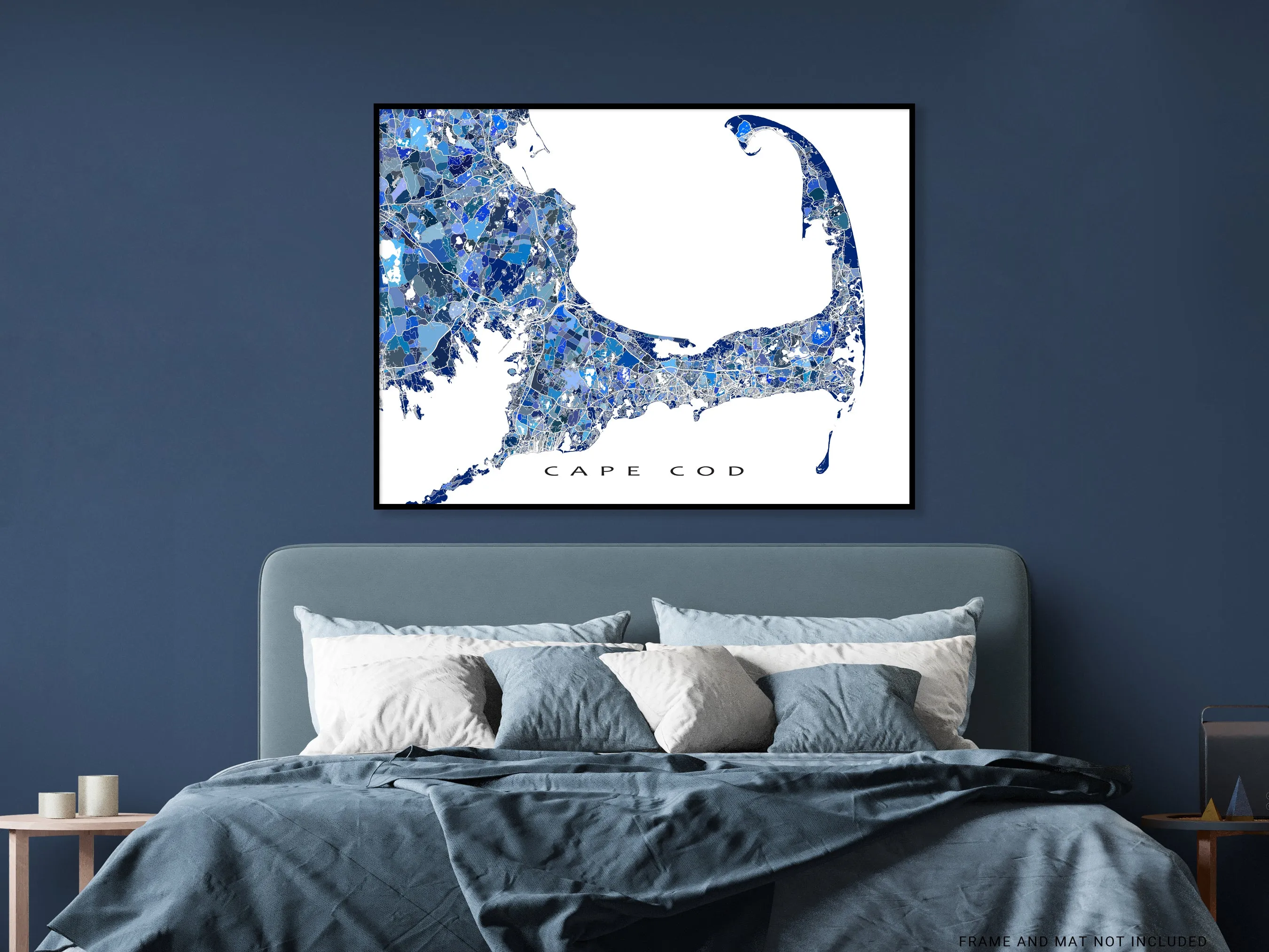 Cape Cod Map Print Poster, Blue Geometric Cap Cod Wall Art Prints, Massachusetts, New England USA