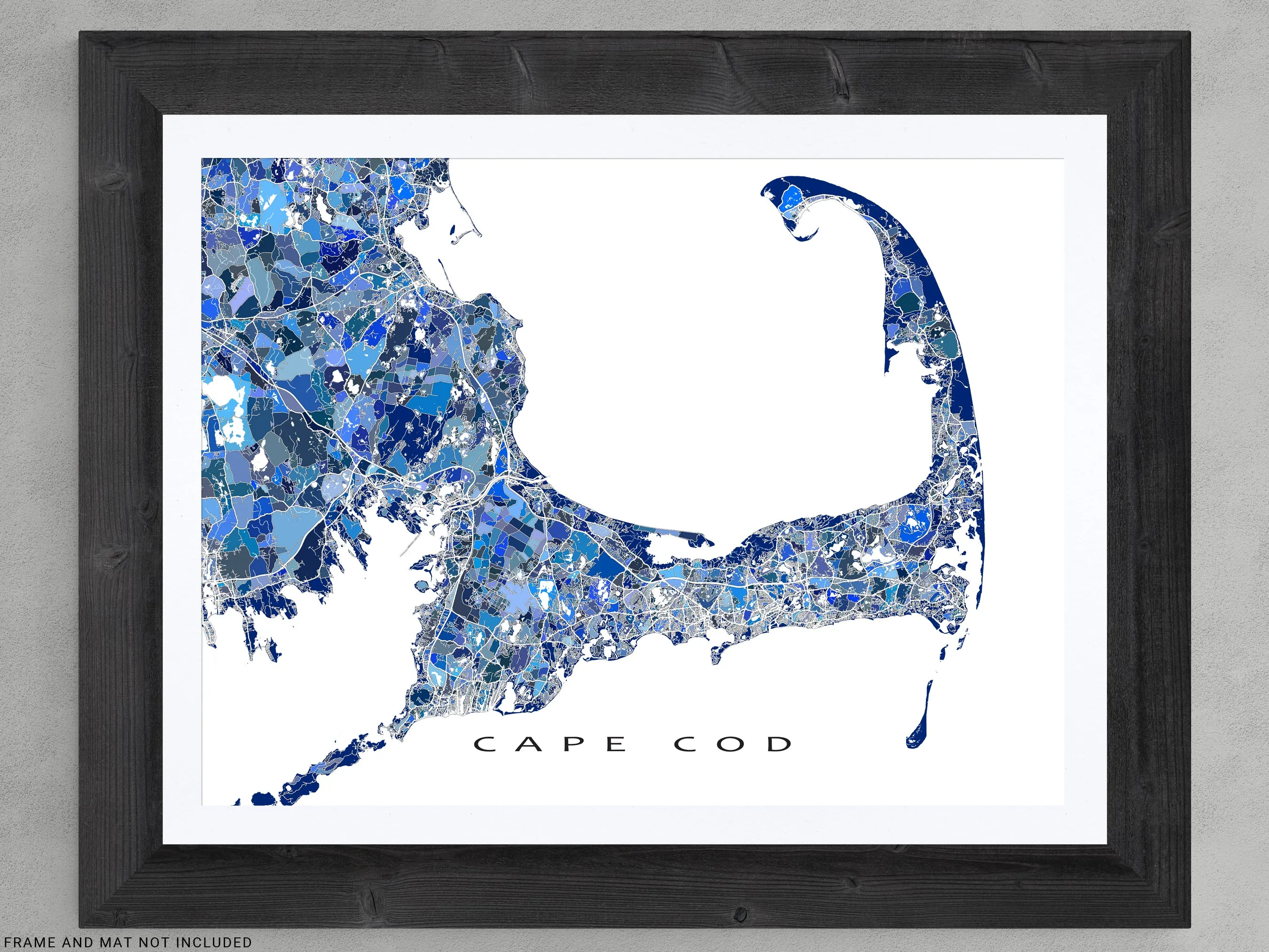 Cape Cod Map Print Poster, Blue Geometric Cap Cod Wall Art Prints, Massachusetts, New England USA