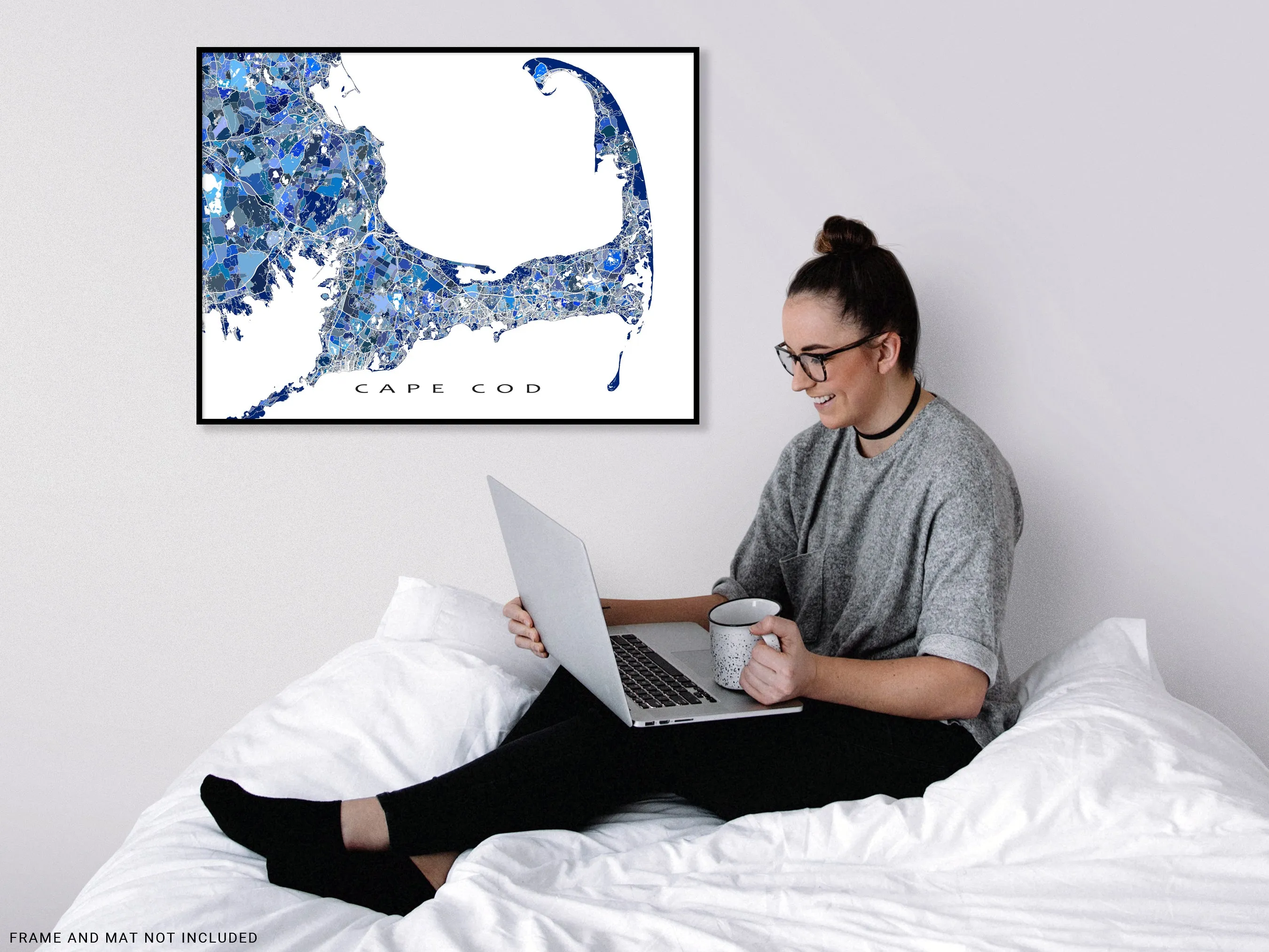 Cape Cod Map Print Poster, Blue Geometric Cap Cod Wall Art Prints, Massachusetts, New England USA