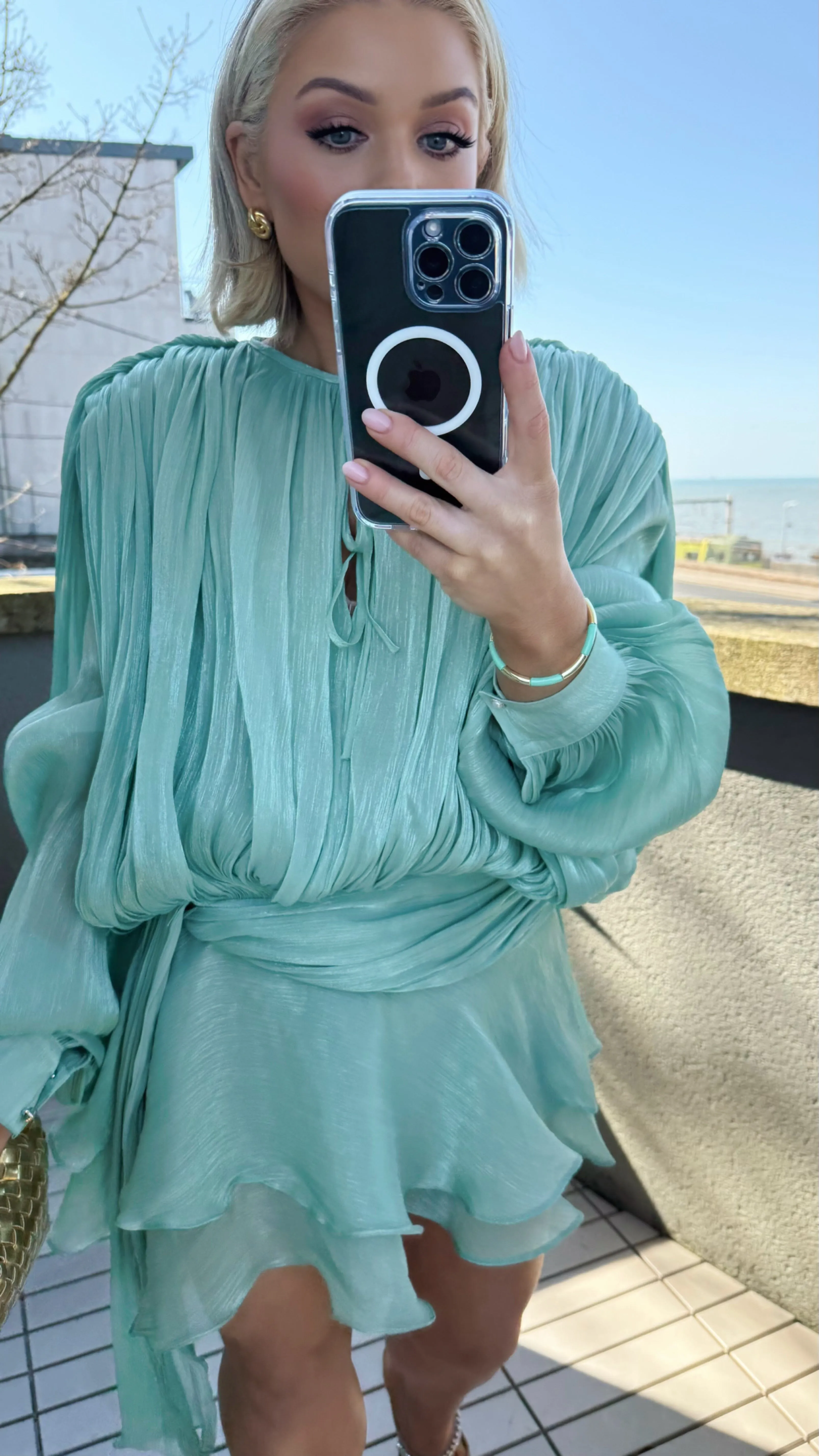 CELINA SHIMMER MINI DRESS - SEAFOAM