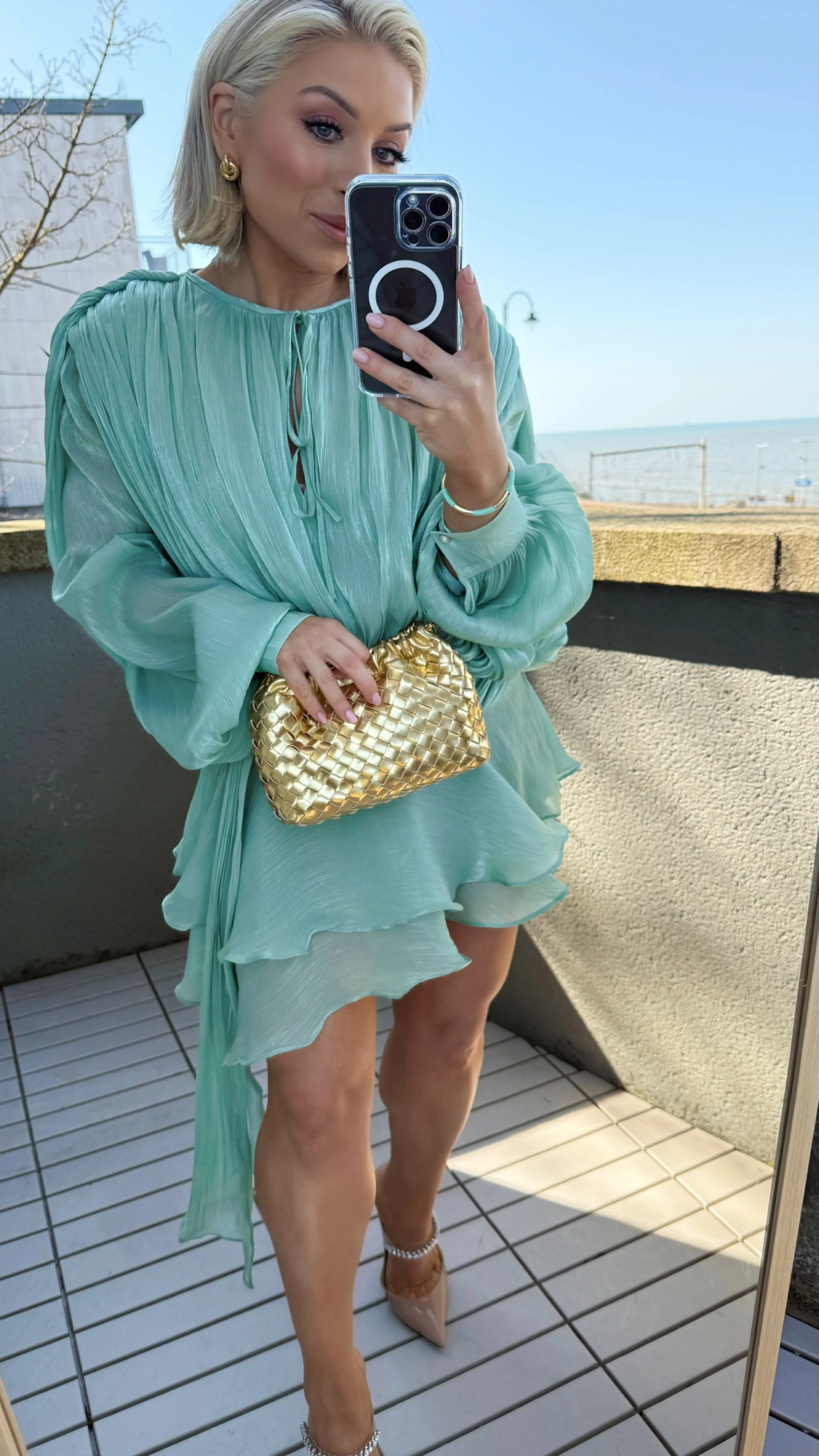 CELINA SHIMMER MINI DRESS - SEAFOAM