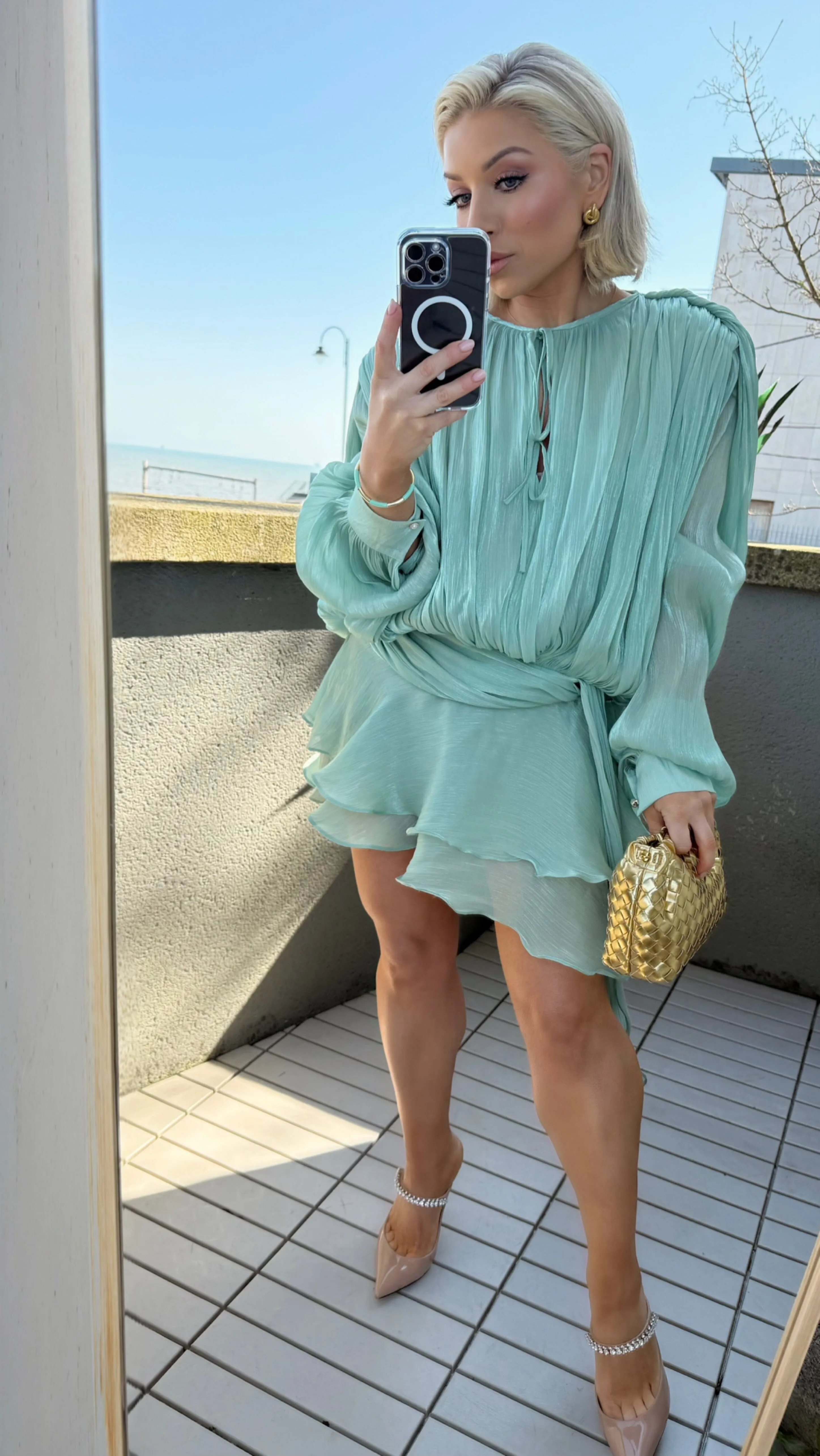 CELINA SHIMMER MINI DRESS - SEAFOAM