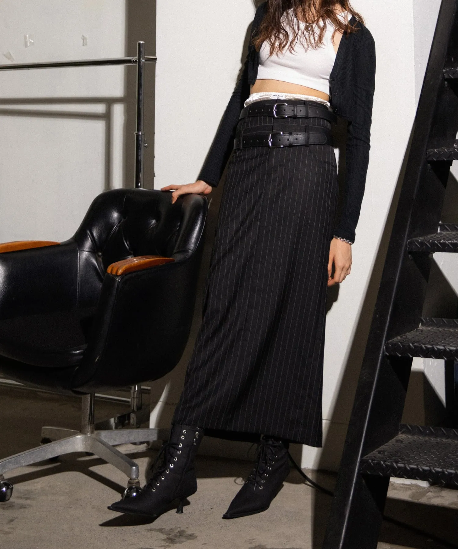 Double belt layered long skirt
