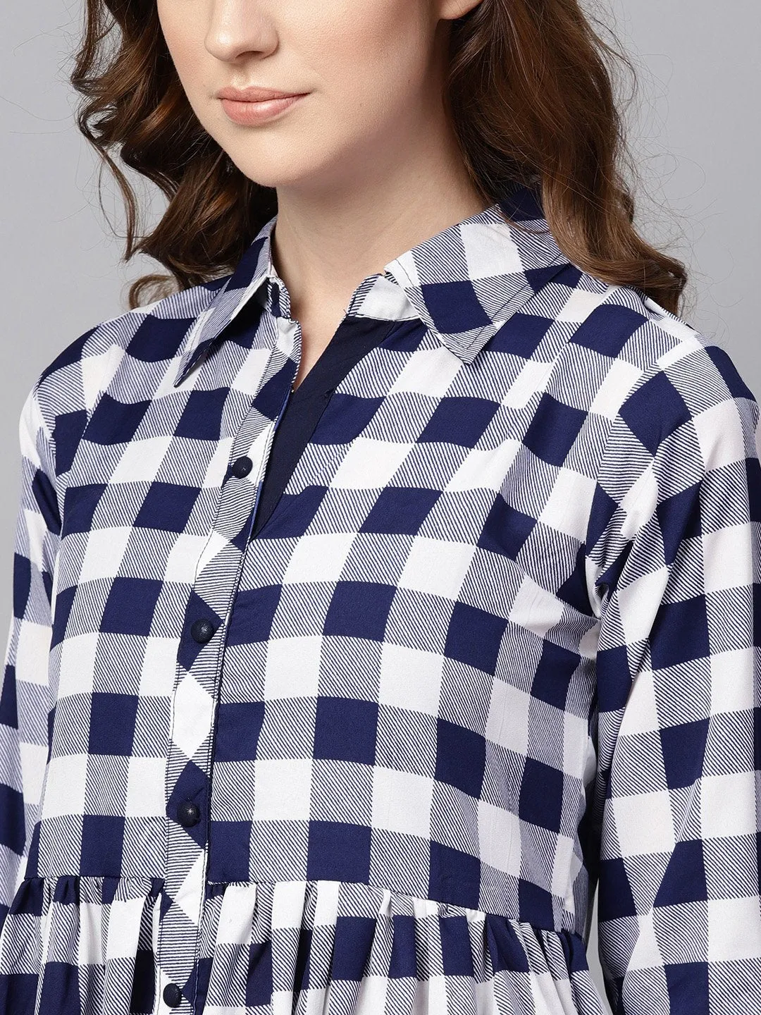 Electric Blue Checked Shirt Collar Dress with Front Placket & Cuff