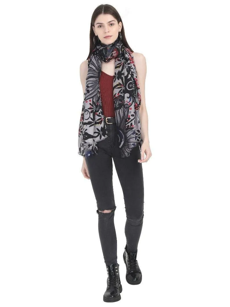 FabSeasons Stylish Black Floral Printed Cotton Scarves For Women