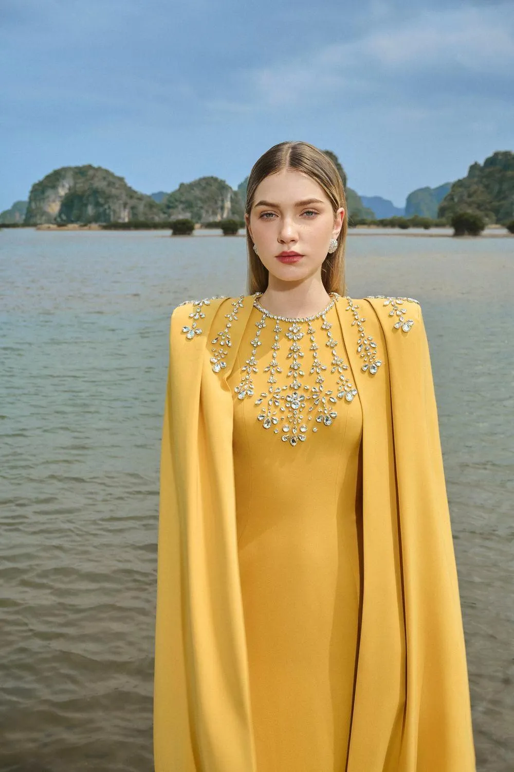 Gabrielle Sheath Cape Sleeved Satin Maxi Set