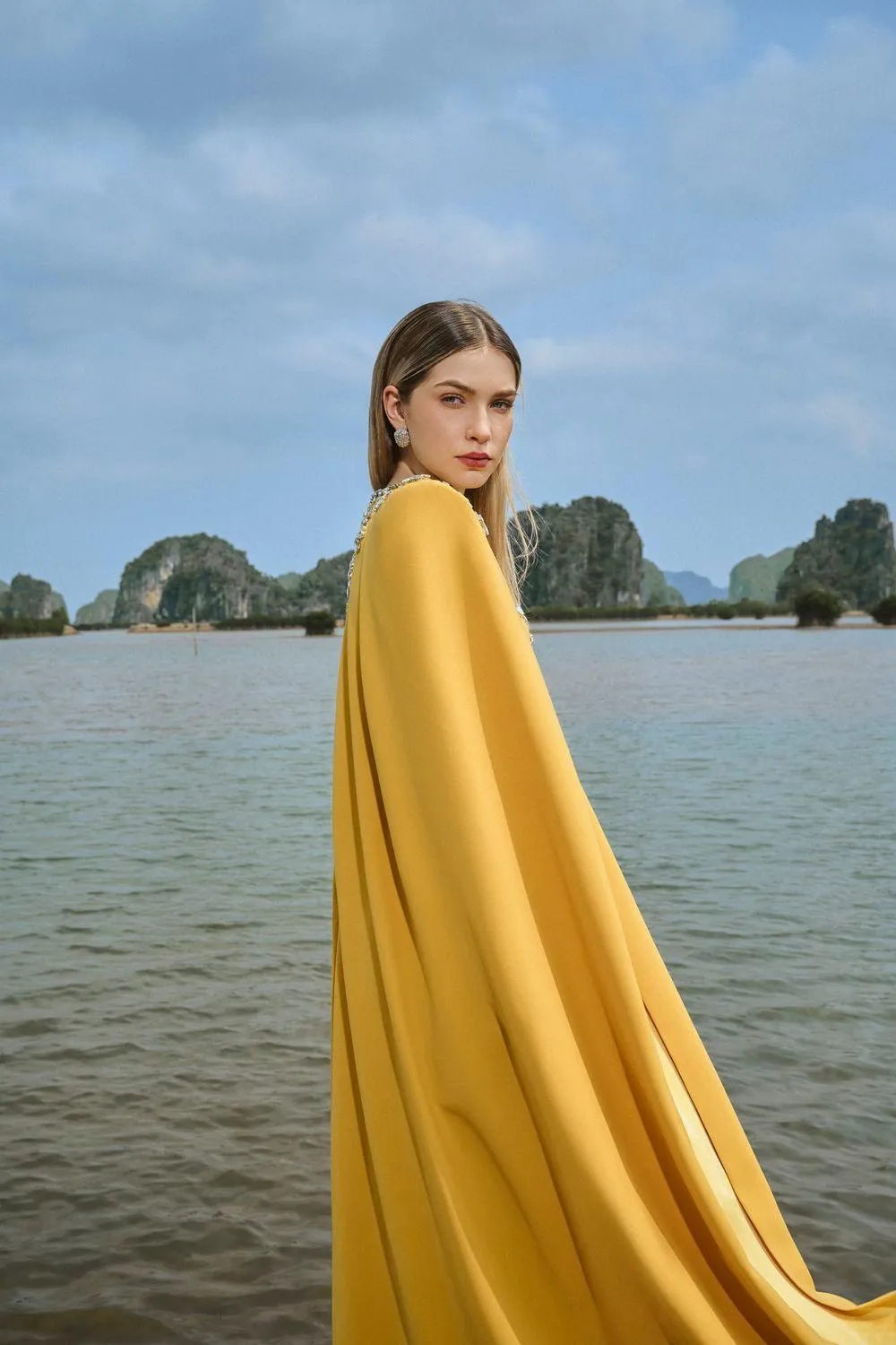 Gabrielle Sheath Cape Sleeved Satin Maxi Set