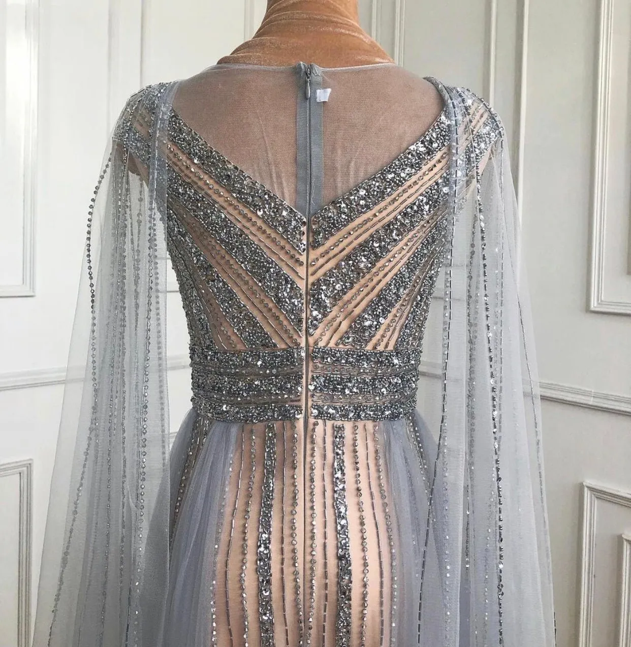 Grace Cape Sleeve Beading Long Dress