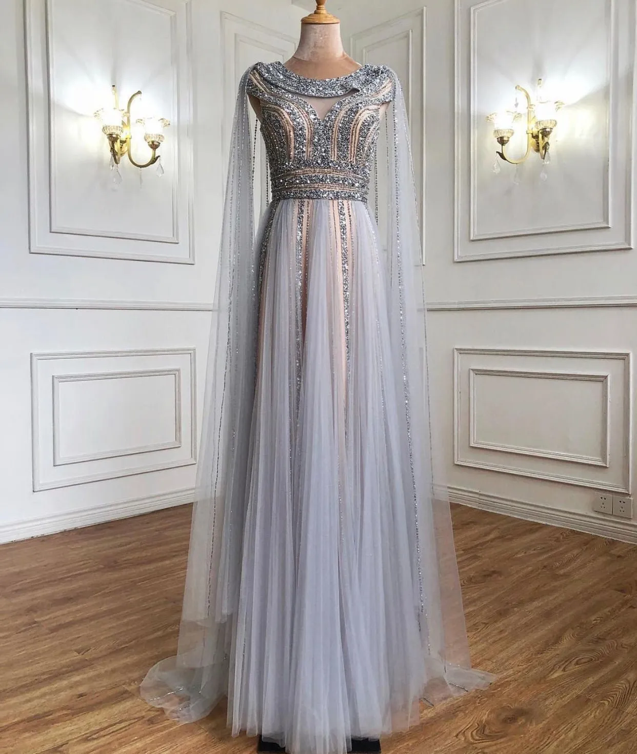Grace Cape Sleeve Beading Long Dress