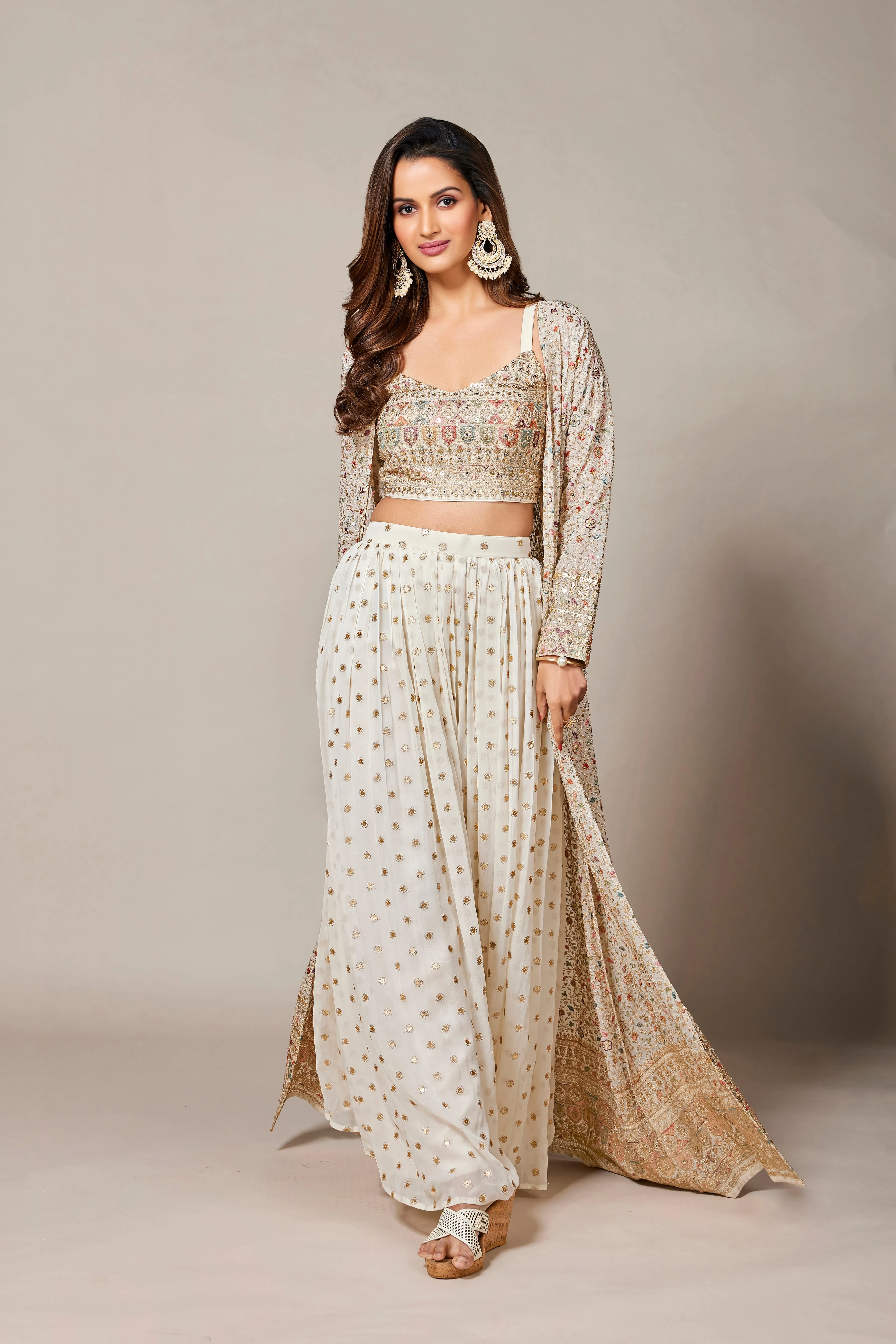 Ivory Embellished Swiss Georgette Silk Cape Set