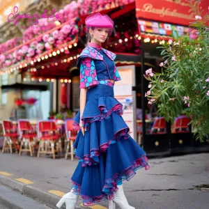 【LA VIE EN ROSE】Eco-Denim & Voile Cheongsam Layered Skirt