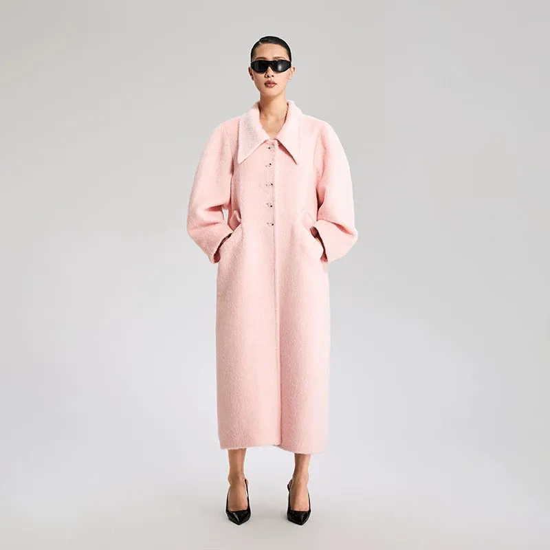 LEDIM W wool square neck pastel salmon pink loose long winter coat- Fan