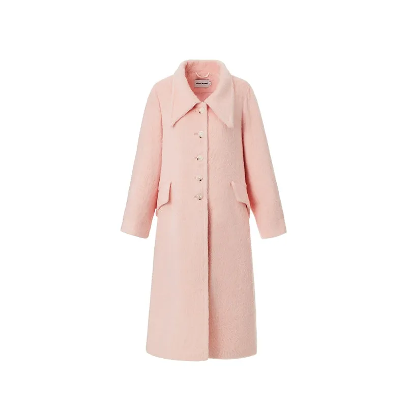 LEDIM W wool square neck pastel salmon pink loose long winter coat- Fan