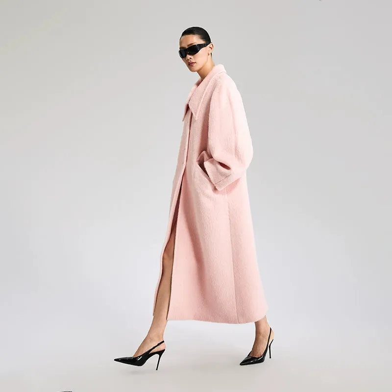 LEDIM W wool square neck pastel salmon pink loose long winter coat- Fan