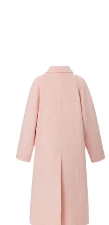 LEDIM W wool square neck pastel salmon pink loose long winter coat- Fan