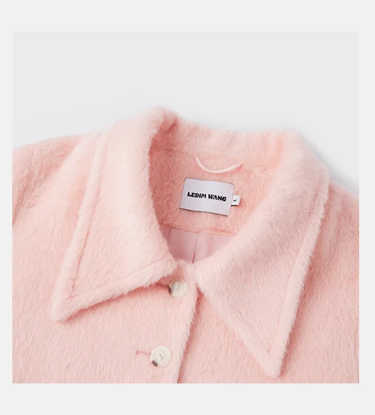 LEDIM W wool square neck pastel salmon pink loose long winter coat- Fan