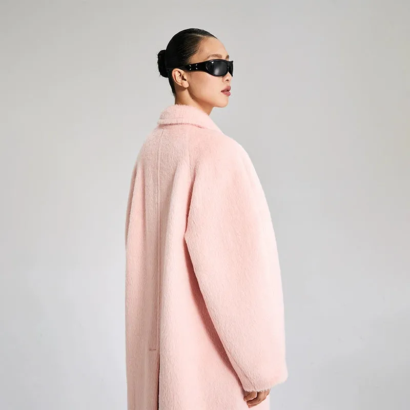 LEDIM W wool square neck pastel salmon pink loose long winter coat- Fan