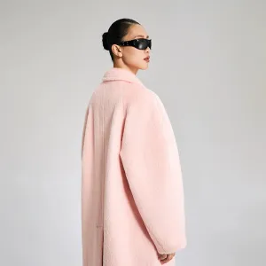 LEDIM W wool square neck pastel salmon pink loose long winter coat- Fan