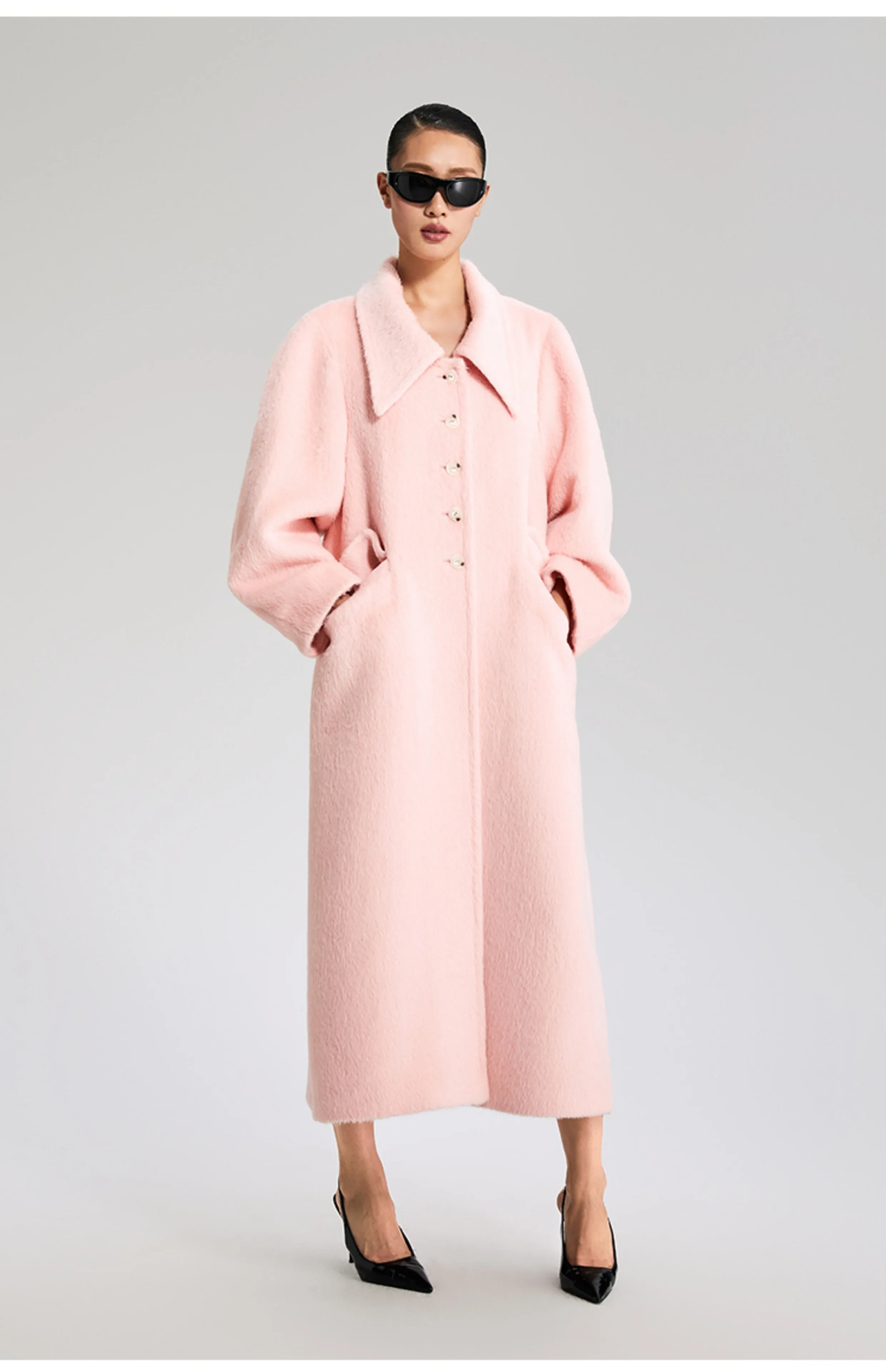 LEDIM W wool square neck pastel salmon pink loose long winter coat- Fan