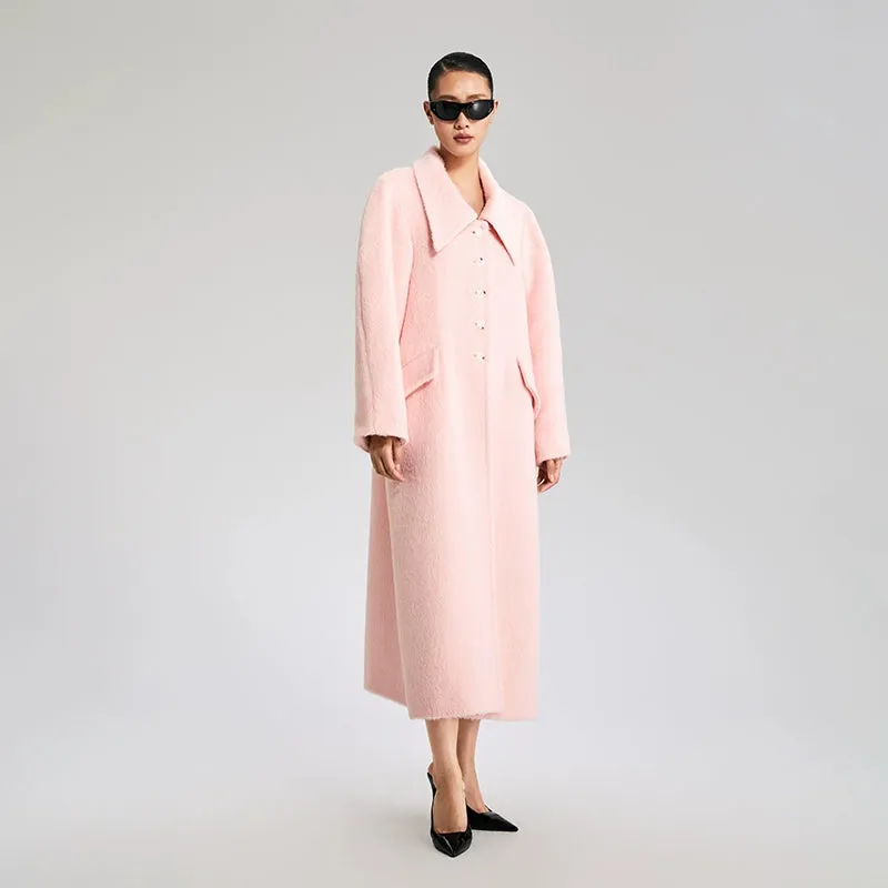 LEDIM W wool square neck pastel salmon pink loose long winter coat- Fan