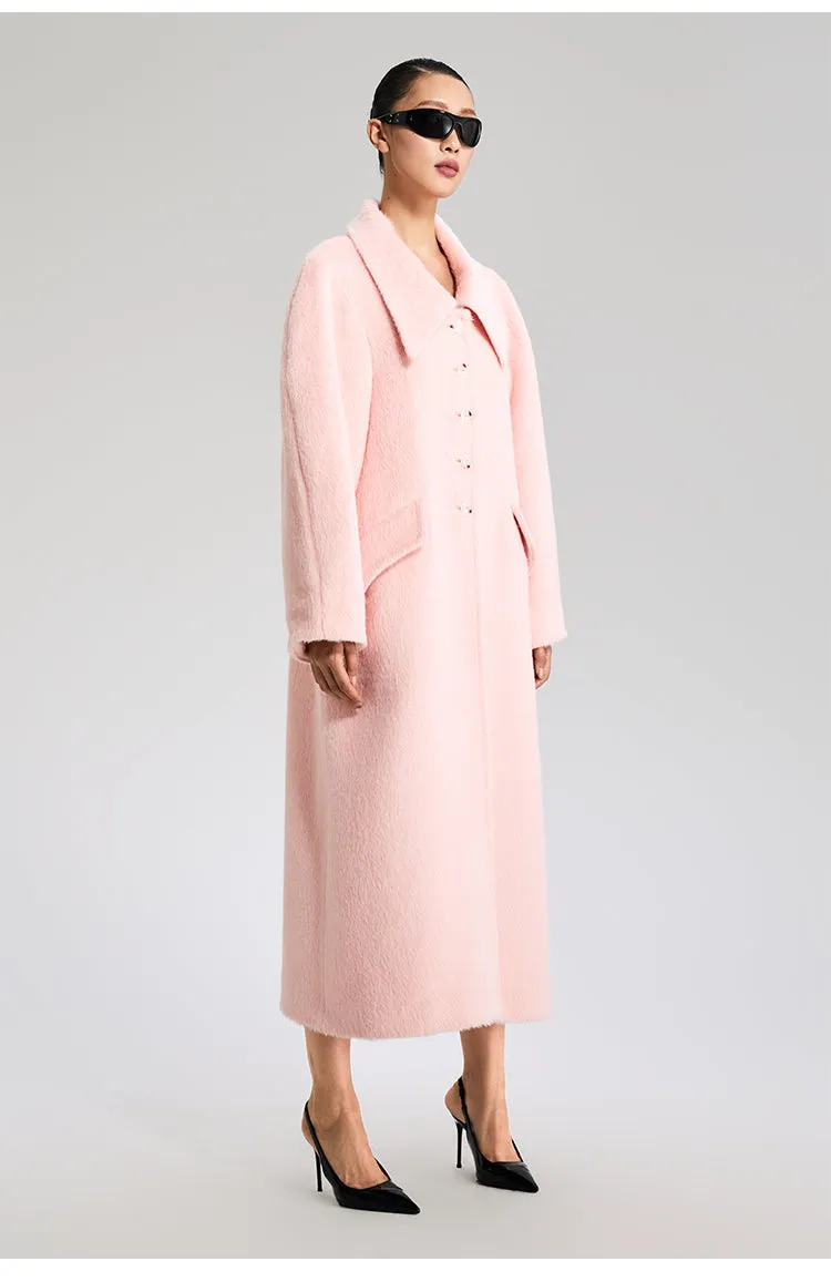 LEDIM W wool square neck pastel salmon pink loose long winter coat- Fan